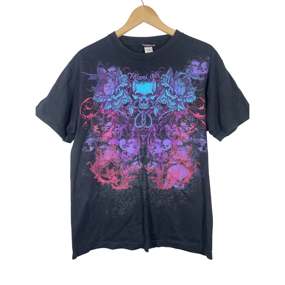Miami Ink Mens Graphic T-Shirt Black Skull Floral Print Size Medium Short Sleeve
